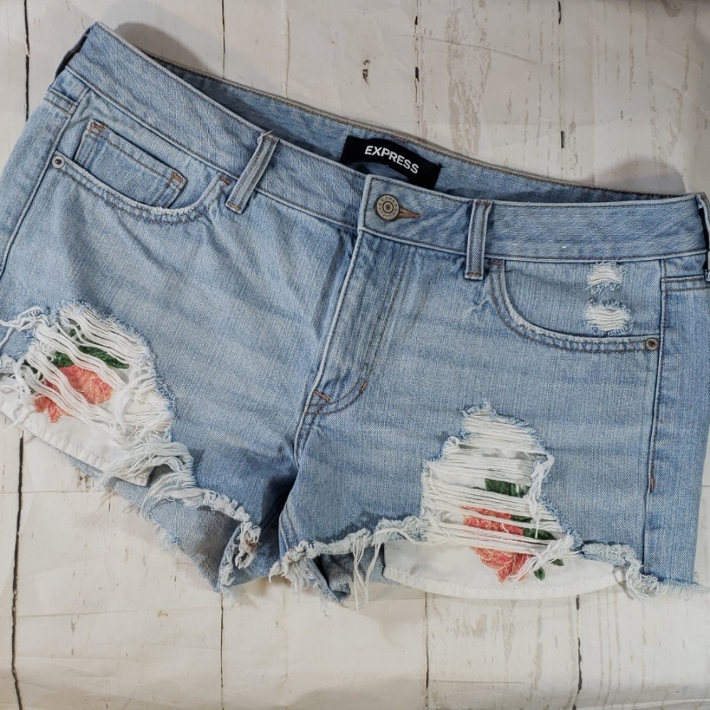 Express denim floral cut off shorts Low rise 12